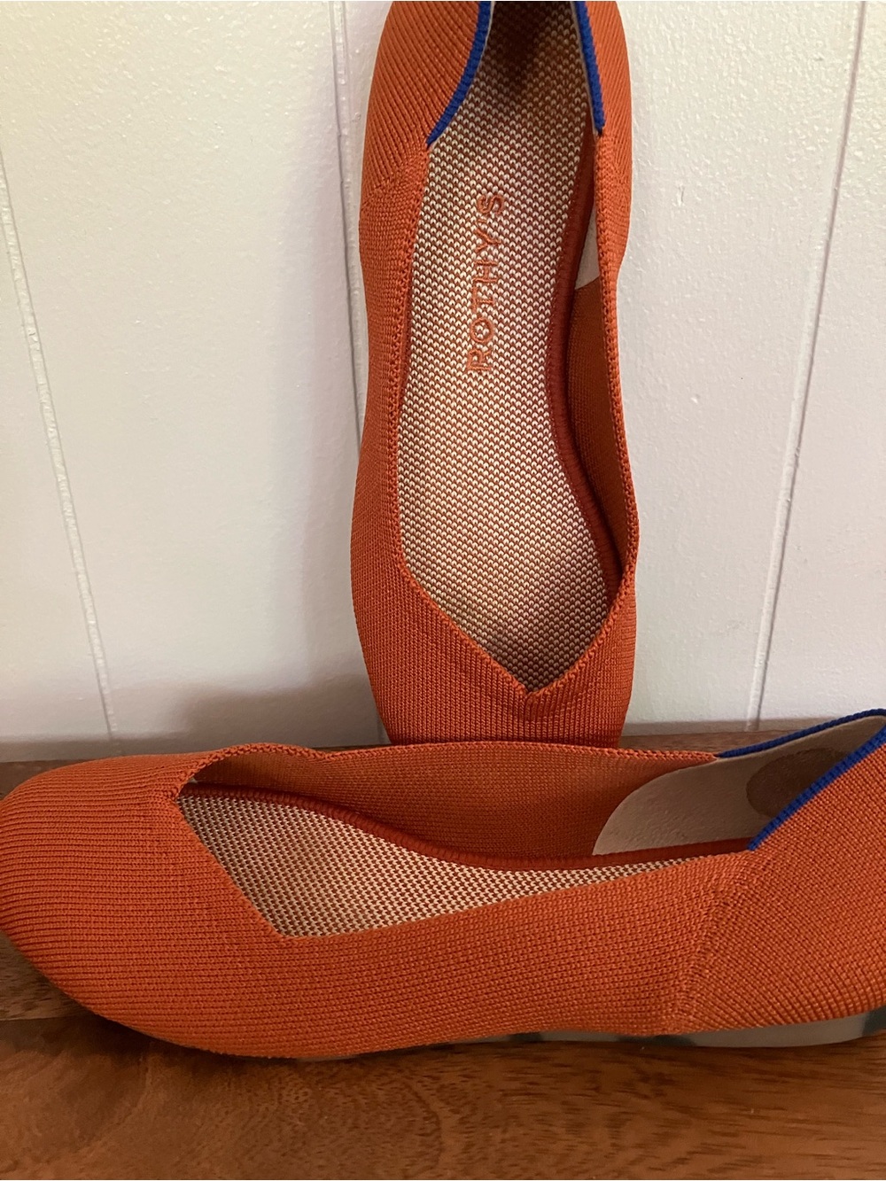 Rothy's Rust Orange Knit Pointed Ballet Flats with Blue Trim - Picture 2 of 4